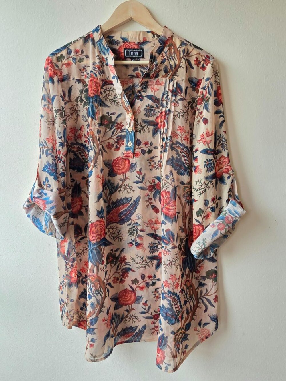 Luna Tapestry Floral Print Chiffon Tunic Blouse Roll-Tab Sleeve Boho Chic XL